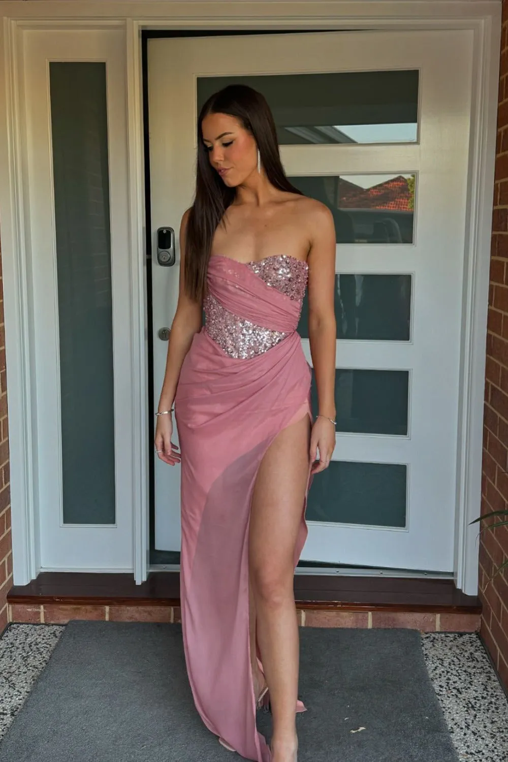 Charming Mermaid Sweetheart Blush Pink Chiffon Sequins Prom Dress with Split