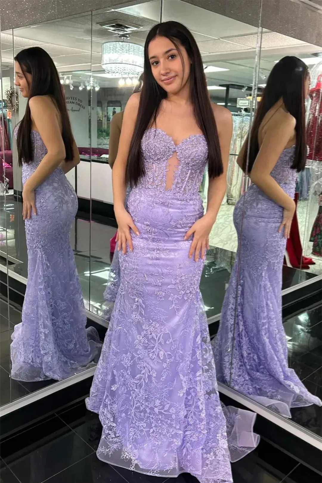Charming Mermaid Sweetheart Lilace Lace Appliques Prom Dresses with Beading