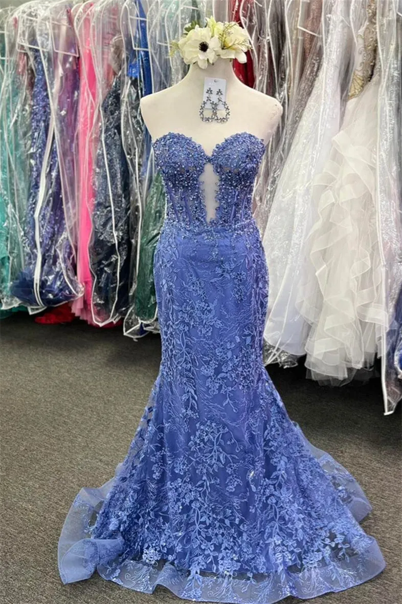 Charming Mermaid Sweetheart Lilace Lace Appliques Prom Dresses with Beading