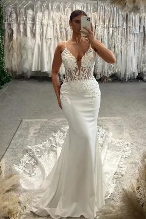 Charming Mermaid V Neck Elastic Satin Wedding Dresses with Appliques VK073199