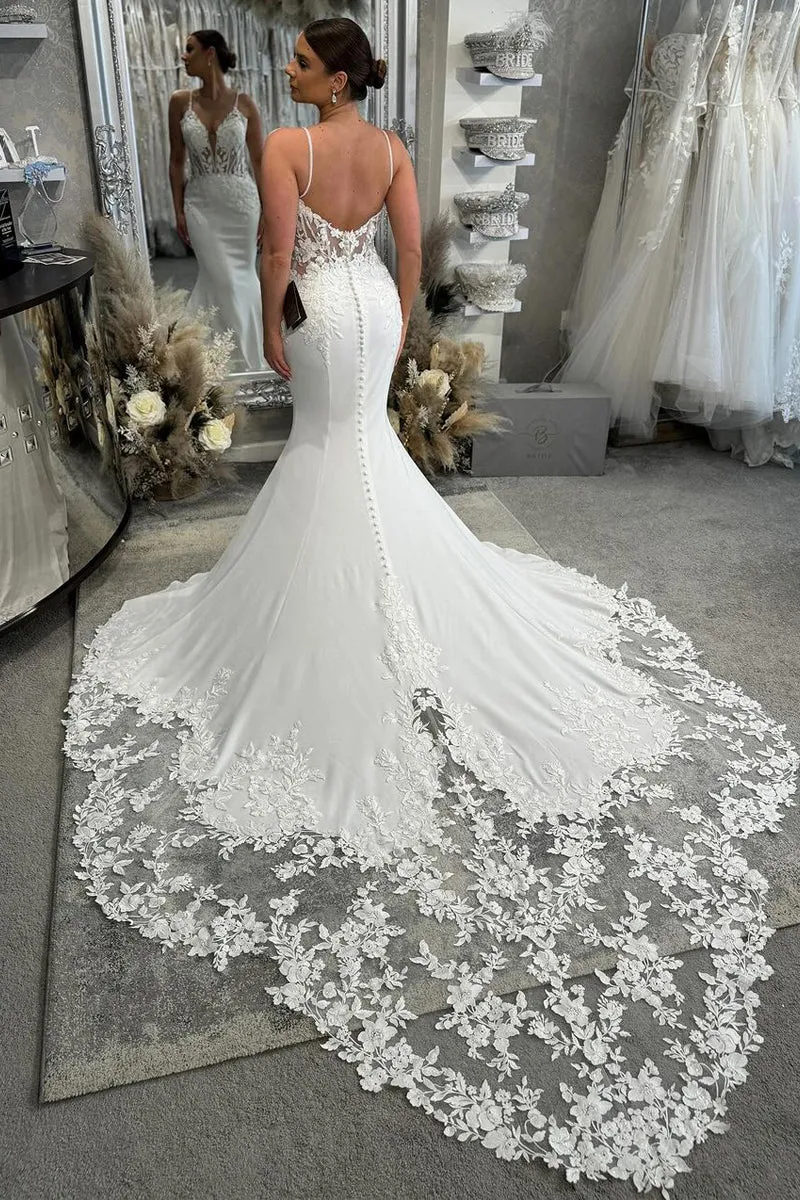 Charming Mermaid V Neck Elastic Satin Wedding Dresses with Appliques VK073199