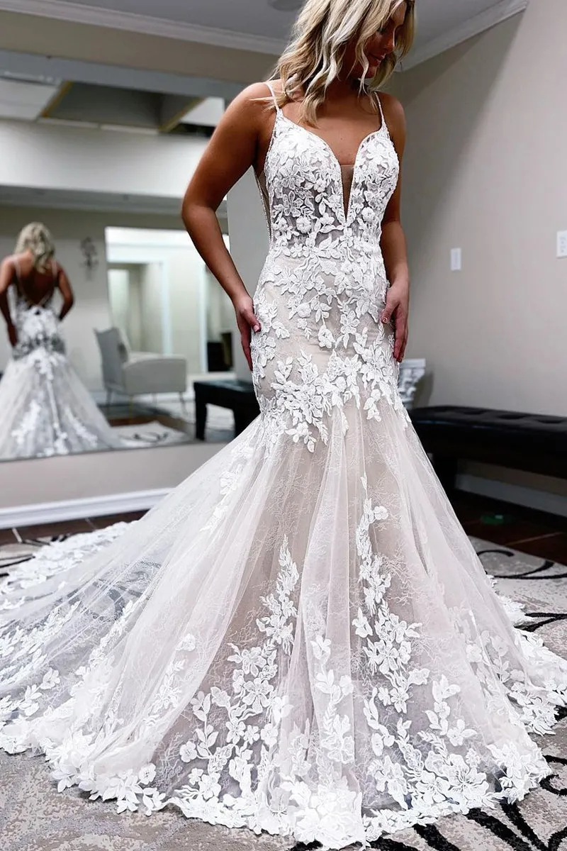 Charming Mermaid V Neck Lace Wedding Dresses with Appliques VK0731118