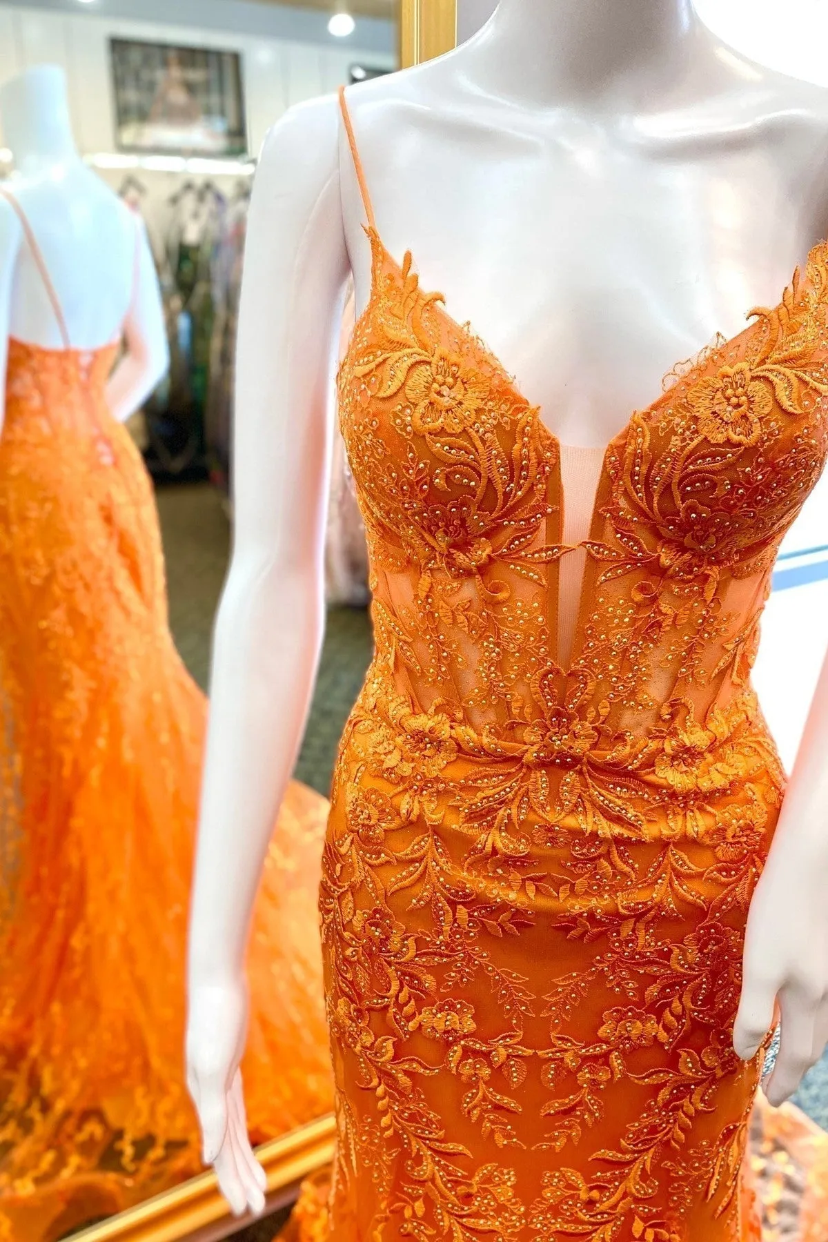 Charming Mermaid V Neck Sage Lace Prom Dress