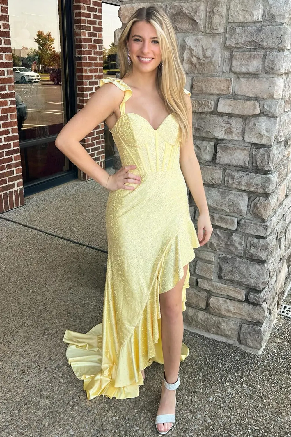 Charming Mermaid V Neck Satin Beaded Mermaid Prom Dresses with Slit