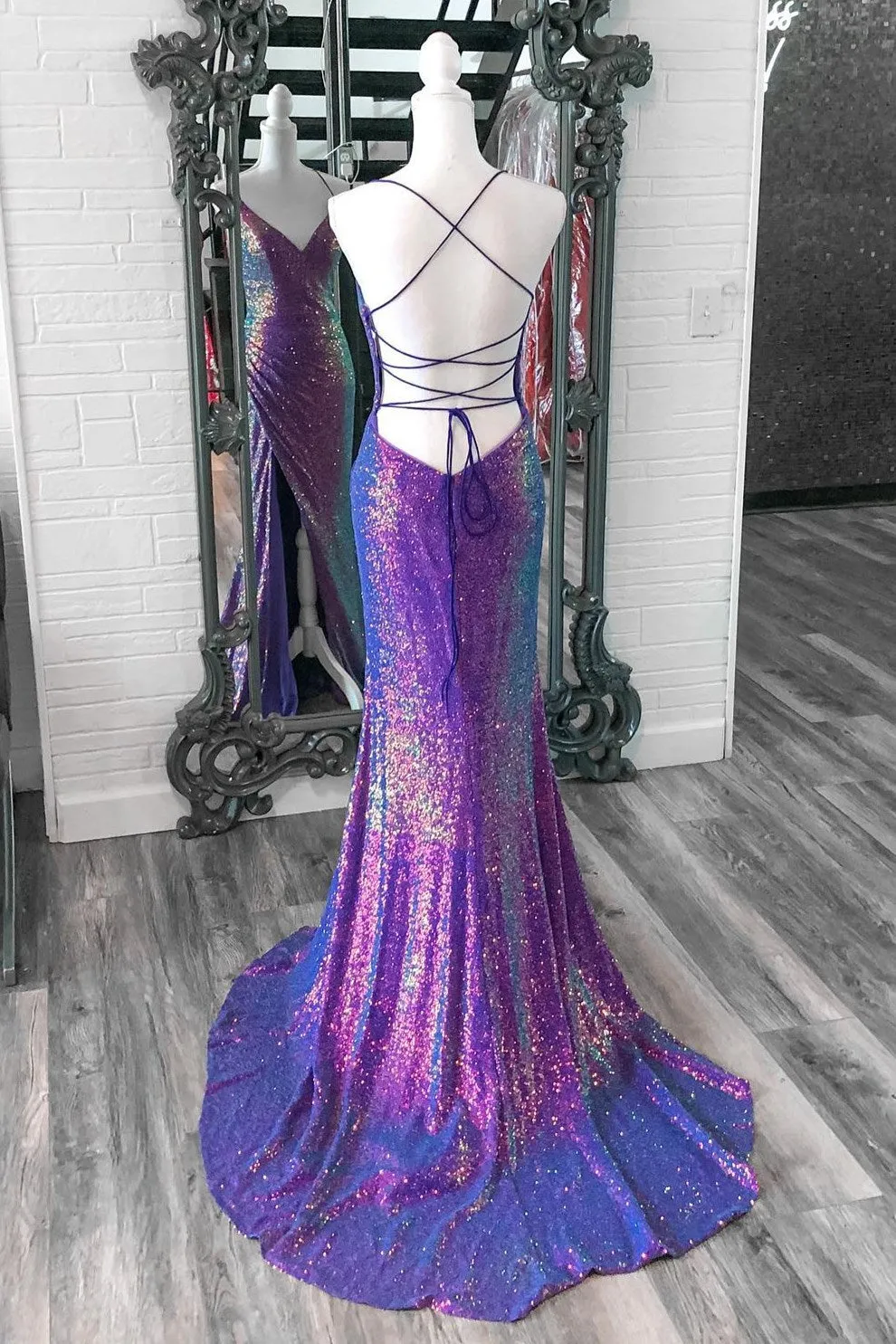 Chic Sparkly Mermaid Purple Sequins V Neck Long Prom Dresses with Slit