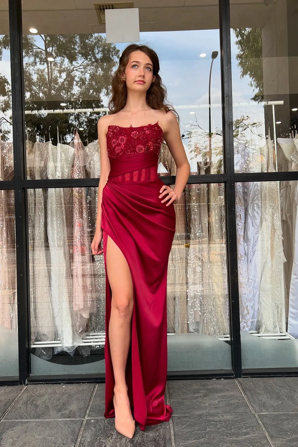 Cute Mermaid Scoop Neck Dark Red Satin Slit Prom Dress with Appliques